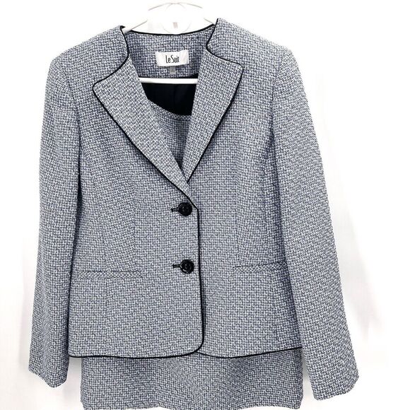 LE SUIT 2 PC Blue Black Blazer Jacket Skirt Suit Set Executive Career - Picture 3 of 8